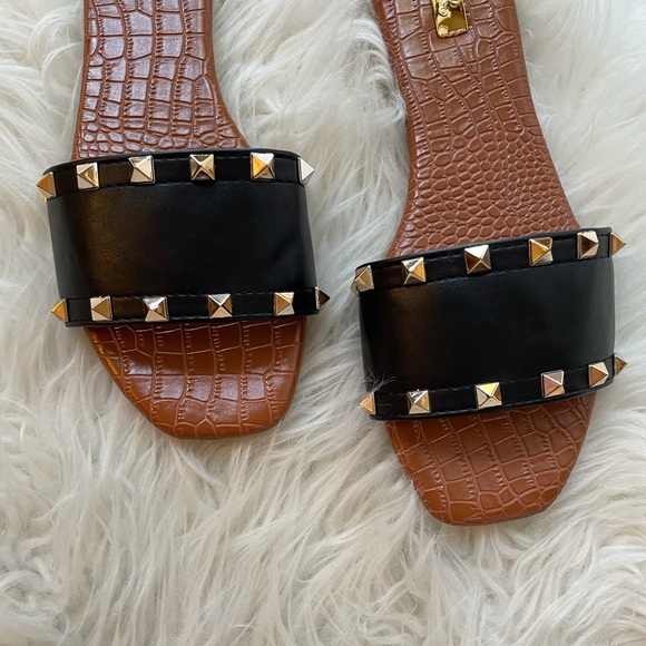 Black Gold Studded Slide Sandals - Picture 2 of 15